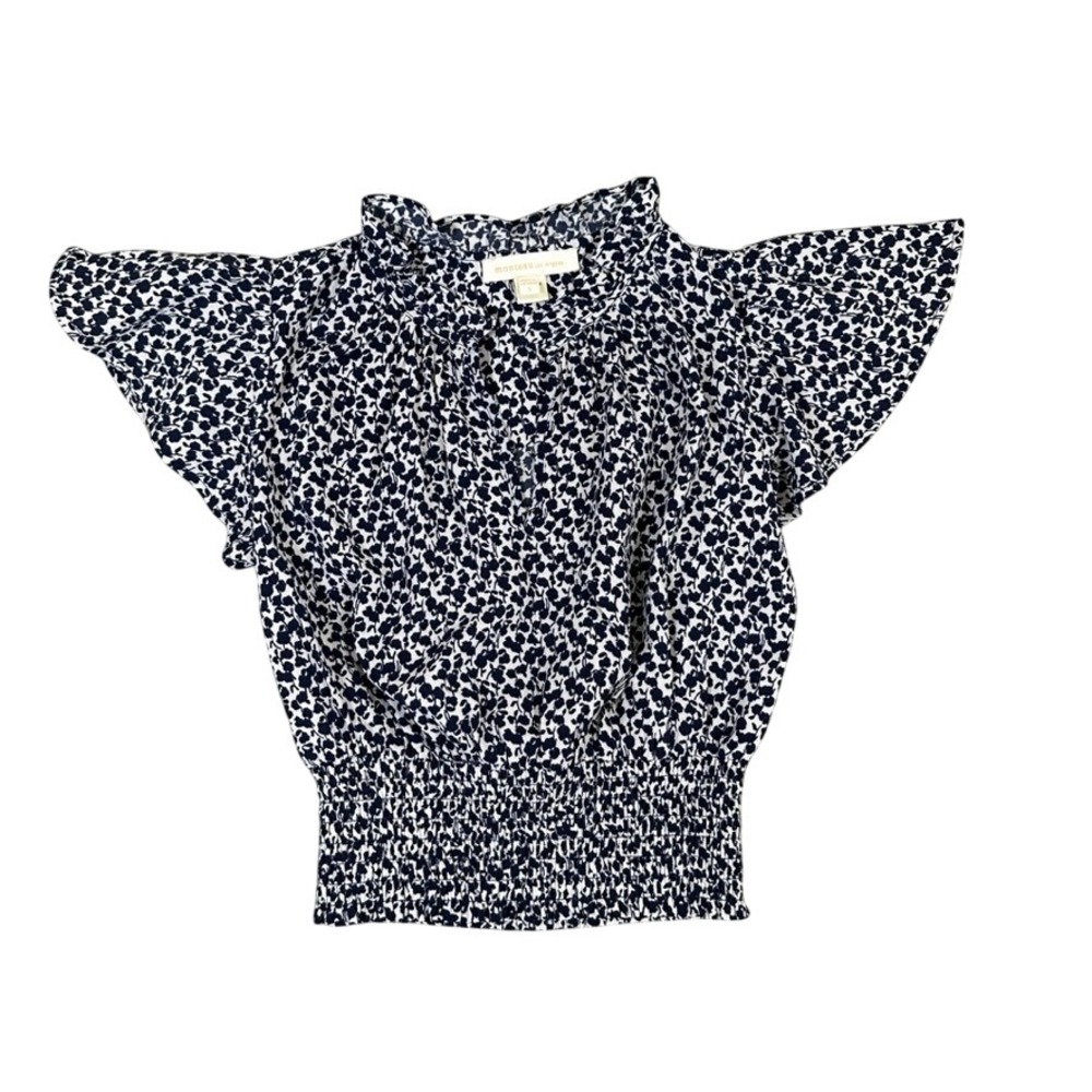 Monteau Los Angeles Navy White Floral Smocked Peplum Ruffle Blouse Small